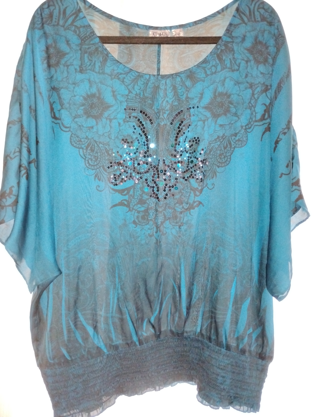 Cato Turquoise and Gray Floral Scoop-Neck Top with Rhinestones